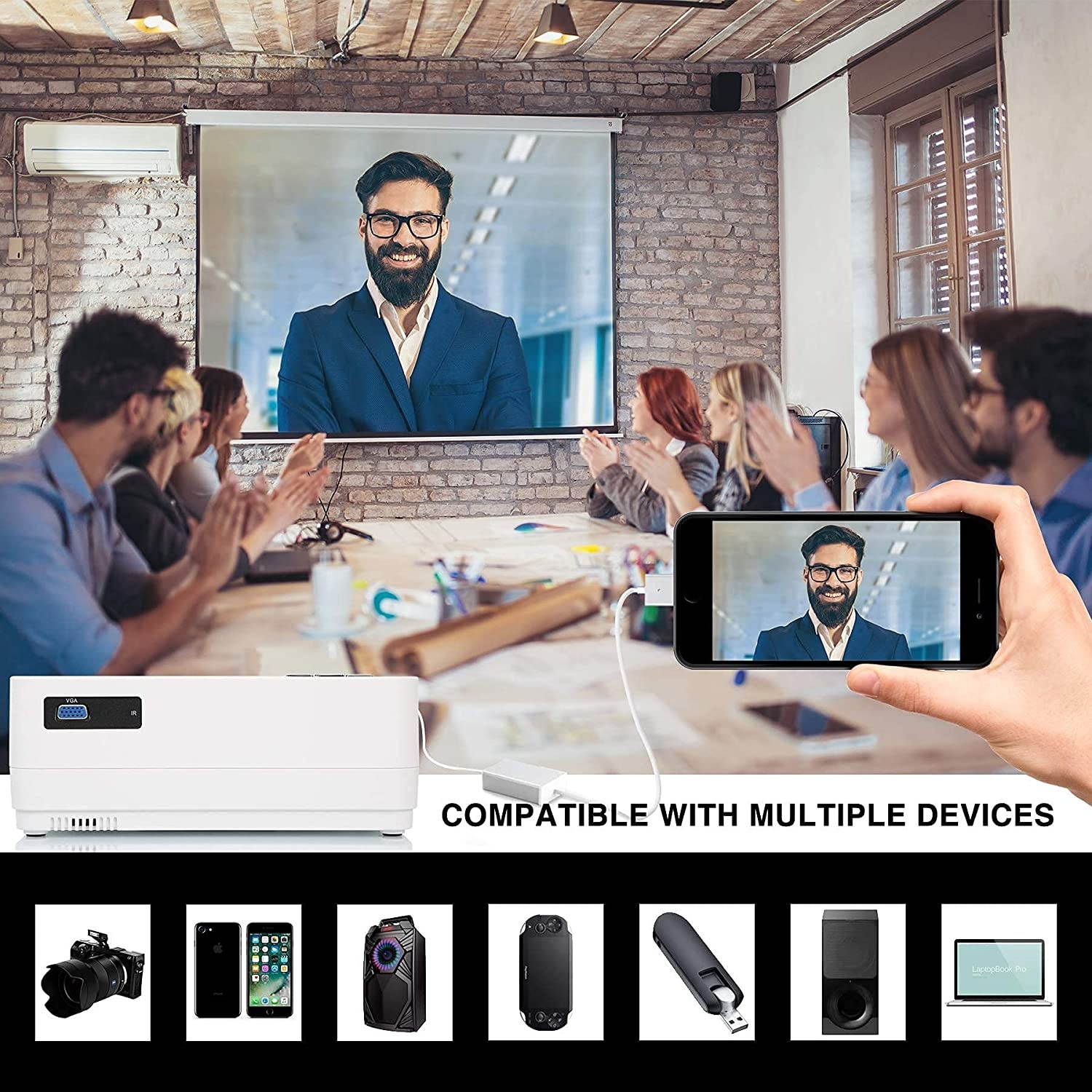 MegaWise L21 Video Projector 1080P Supported, 6000 Lux and 200'' Display with Built-in 5W Speakers Movie Projector, Compatible with TV Stick, Video Games, Smart Phone, HDMI, USB, VGA, AUX, AV