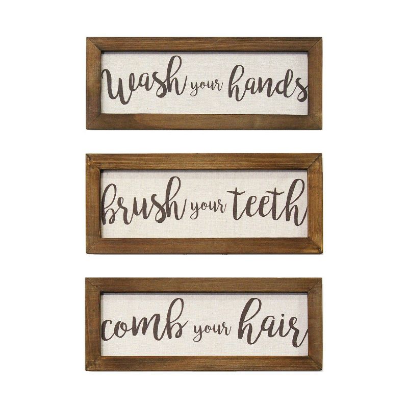 Stratton Home Decor Set of 3 Wash, Brush, Comb Cursive Quote Print Sign Rustic Farmhouse Washroom Printed Bathroom Rules Decoration Wall Art, Brown