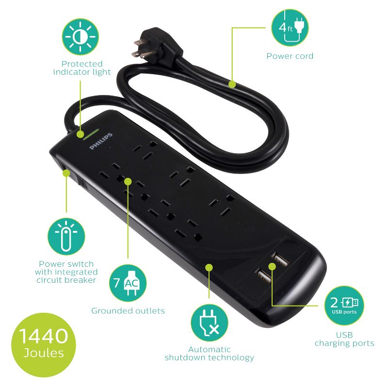 Philips 7-Outlet 2 USB Port Surge Protector with 4ft Extension Cord, Black