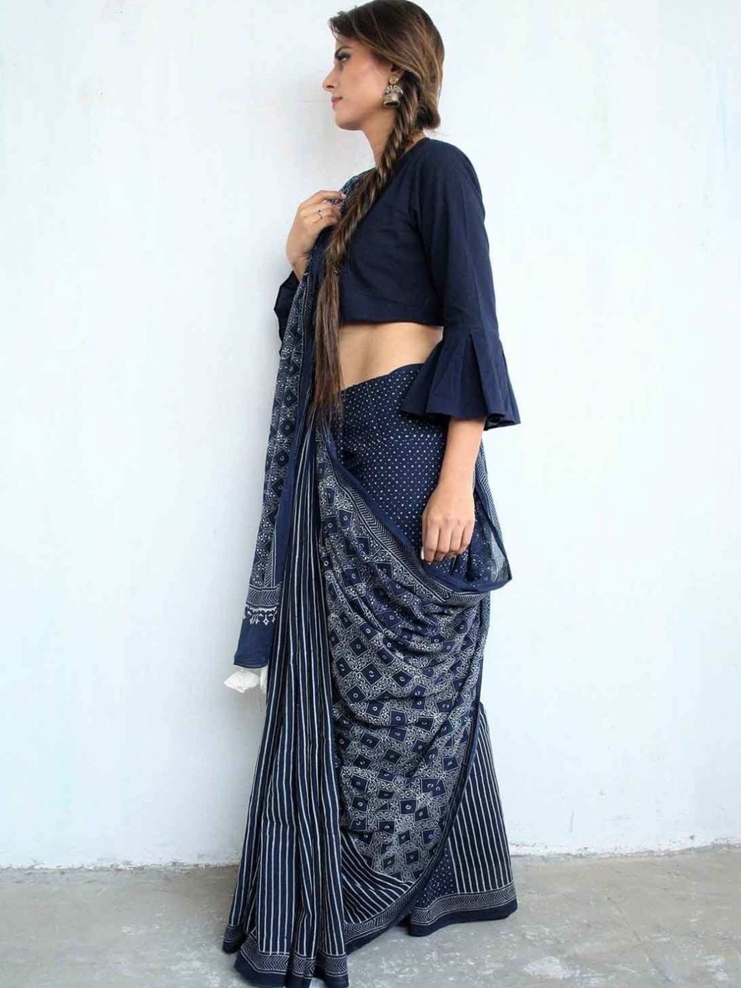 Chidiyaa Blue Block Printed Cotton Mul Saree