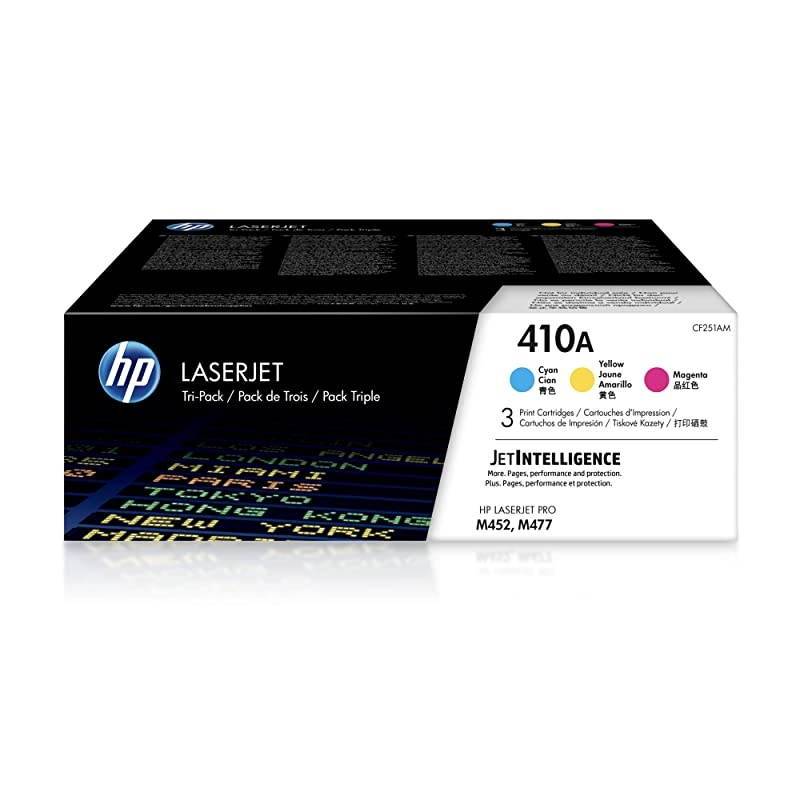 410A | CF411A, CF412A, CF413A | 3 Toner Cartridges | Cyan, Yellow, Magenta | Works with  Color LaserJet Pro M452 Series, M377dw, MFP 477 Series