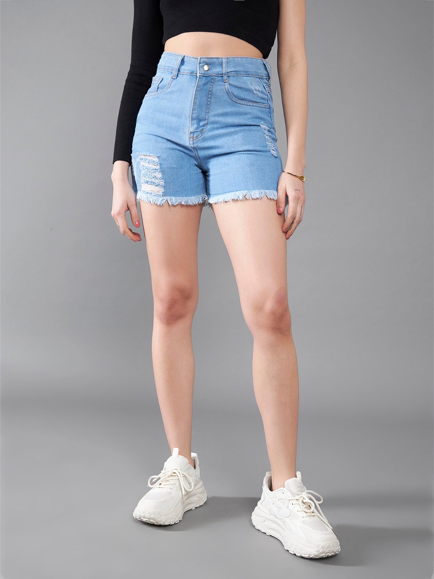 DOLCE CRUDO Blue Denim Distressed Mid Rise Shorts