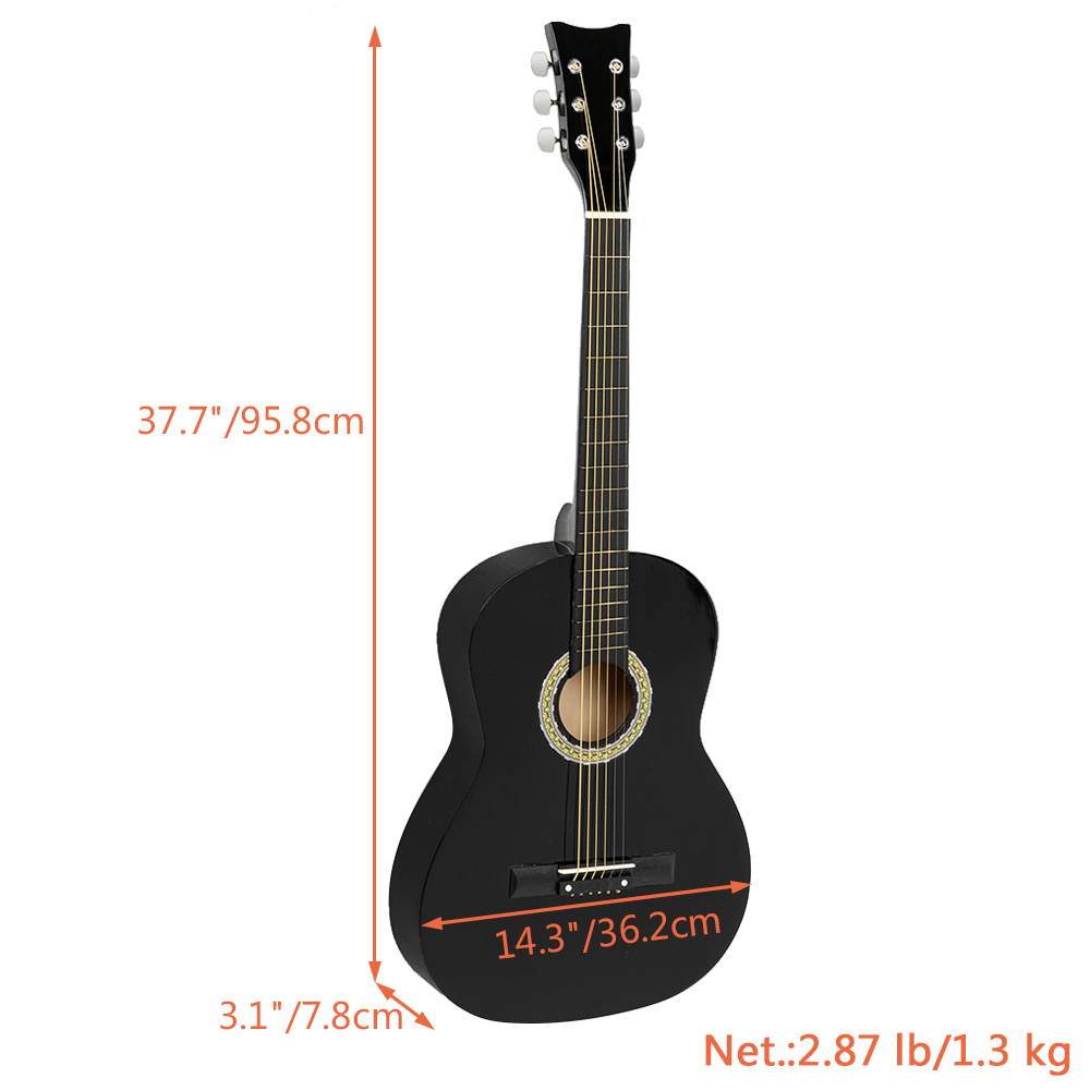 38 inch Folk Guitar with Bag & Board &Belt & Liquid Crystal Tuner & Strings Set Black