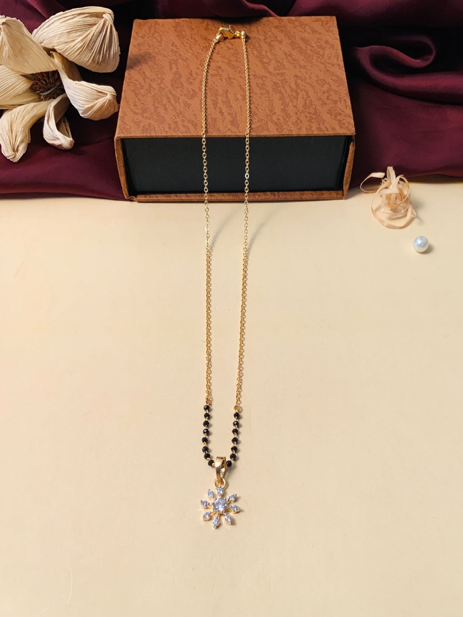 Abdesigns Gold-Plated American Diamond & Black Beaded Mangalsutra