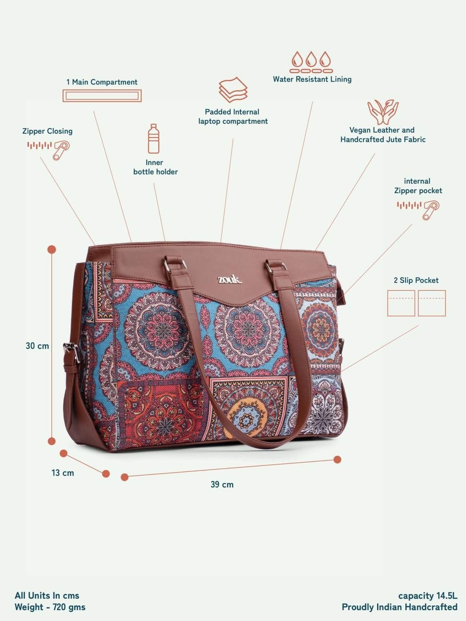 Zouk Mandala Multicolor Jute Printed Tote Handbag