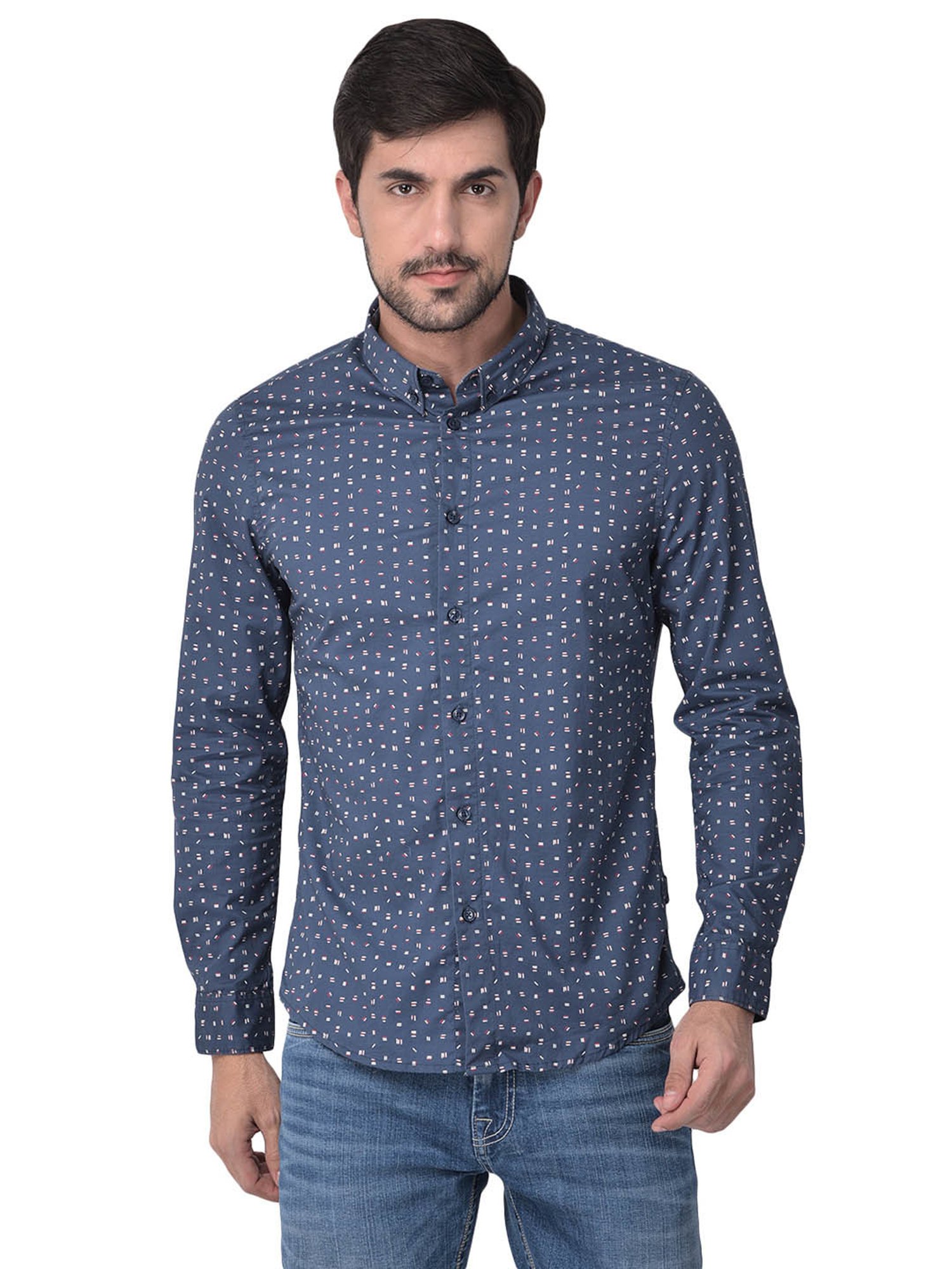 Woodland Blue Regular Fit Printed Cotton Shirt