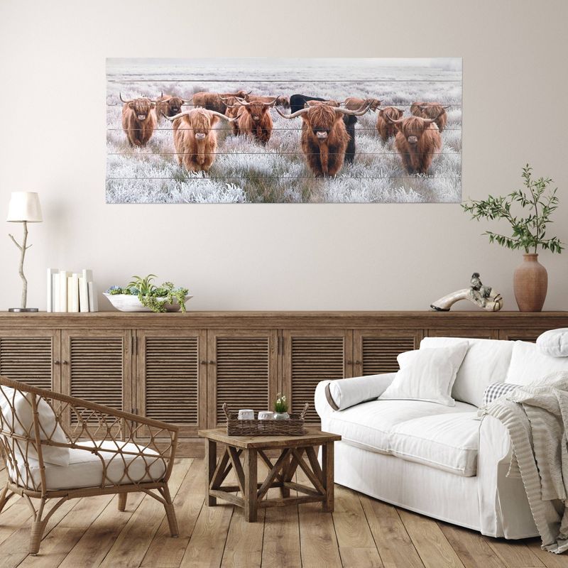19" x 45" Highland Herd Print on Planked Wood Wall Sign Panel Brown - Gallery 57