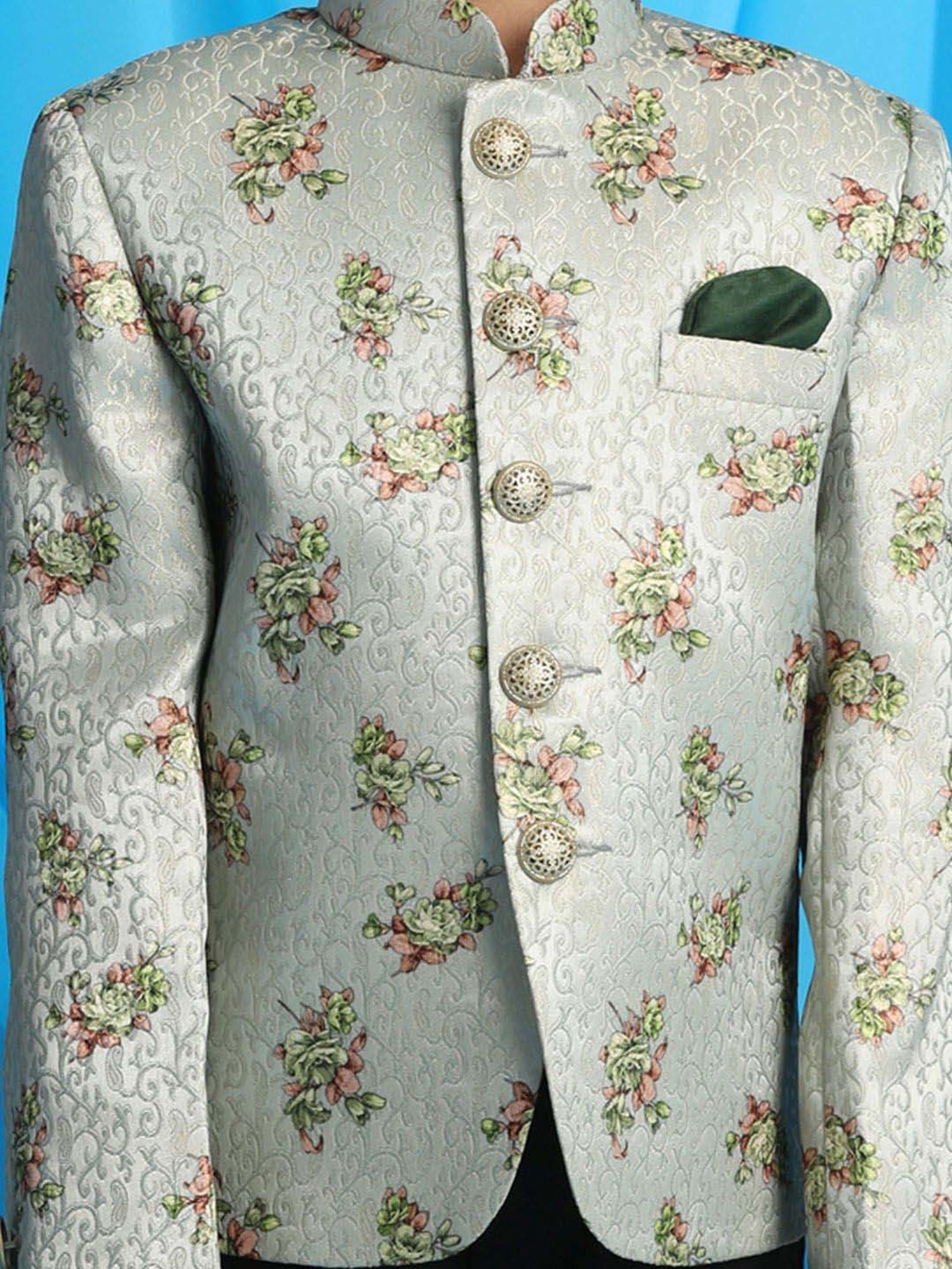 VASTRAMAY Boys Green Self Full Sleeves Indowestern