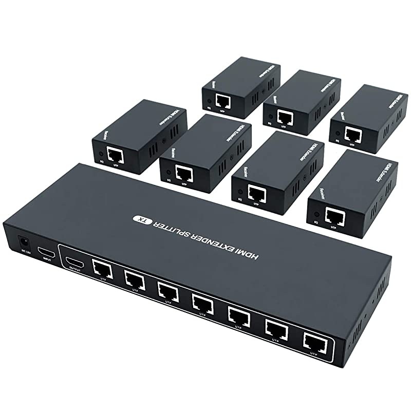 Extender Splitter 1x7 1080P@60Hz Over Cat 5E/6/7 Ethernet Cable 50m (164ft) Support loopout EDID Copy POC Function (1 in 7 Out)
