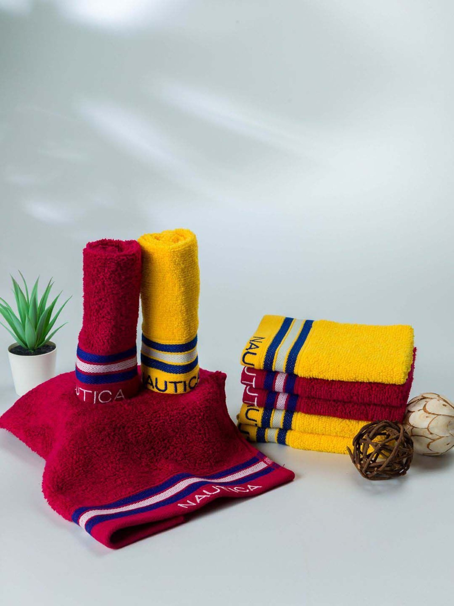 Nautica Vintage Crew Stripe Burgundy & Yellow Cotton 500 GSM Zero Twist Face Towel - Set of 8