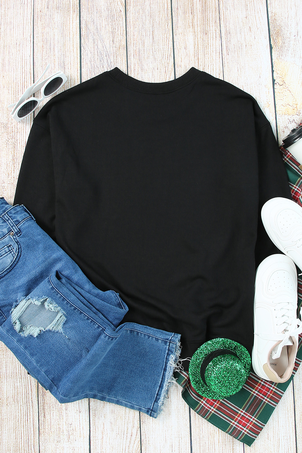 Blank Sweatshirt - Black Plaid Leopard Print Patchwork Long Sleeve Top Customized