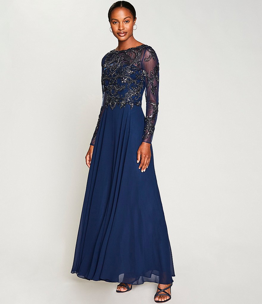 Xscape Jewel Neck Long Sleeve Beaded Bodice Chiffon Gown