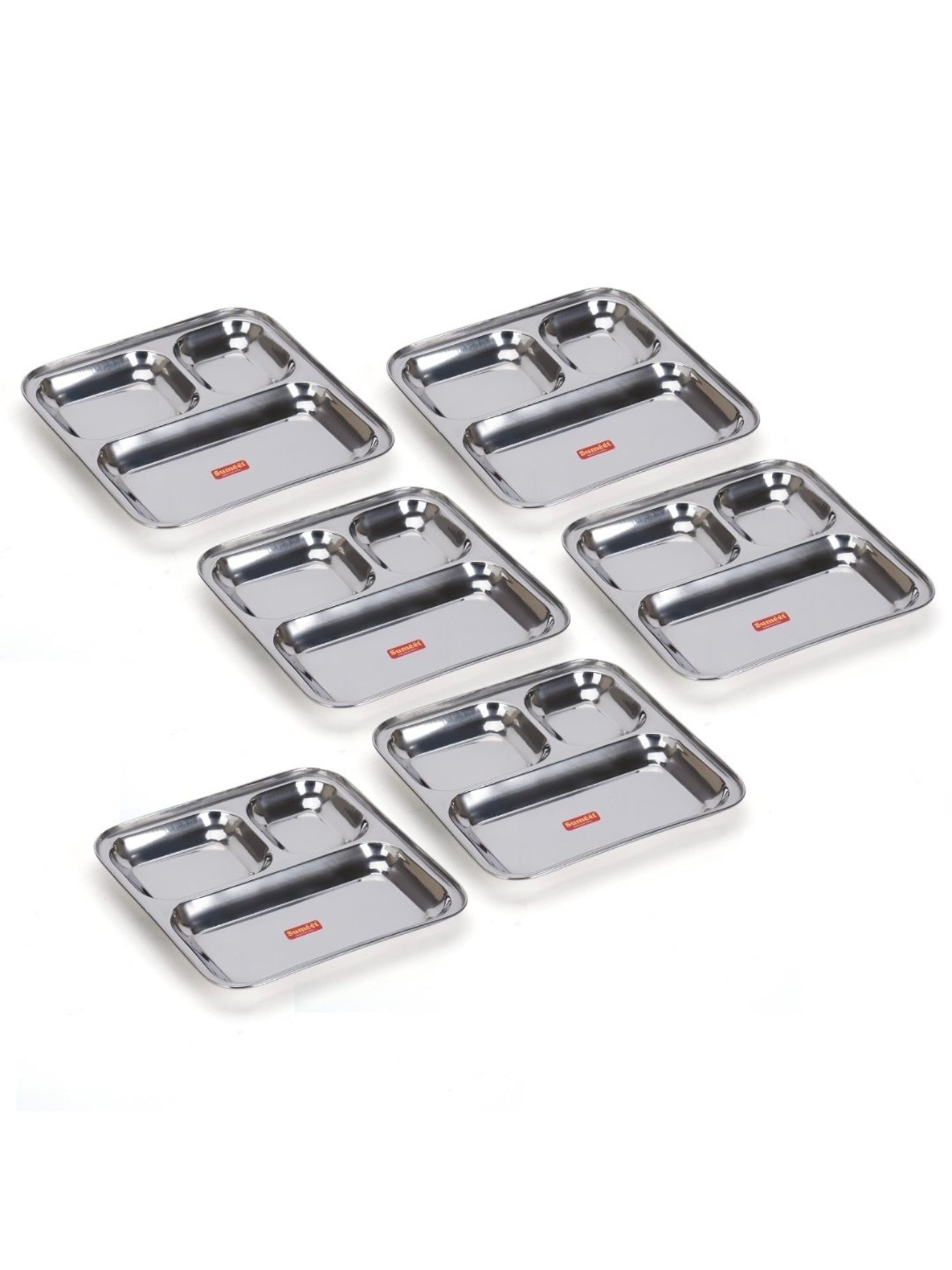 Sumeet S.S. 3 in 1 Idli Wada Compartment plate/Snack Plate/Breakfast Plate Set of 6Pcs, 21.7cm Dia,