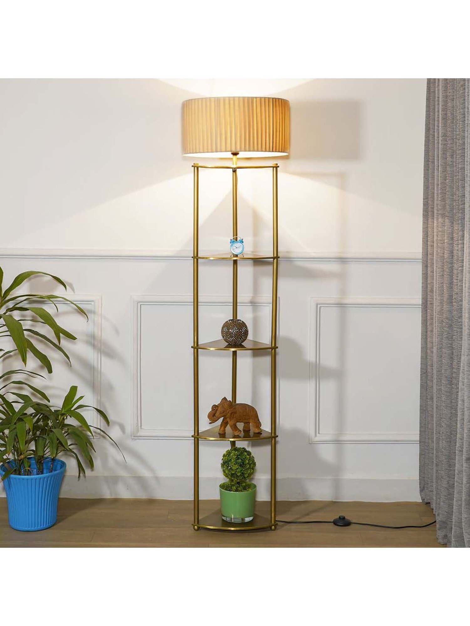 Kapoor E Illuminations Devan Antique Brass Metal Multiutility Shelf Floor Lamp
