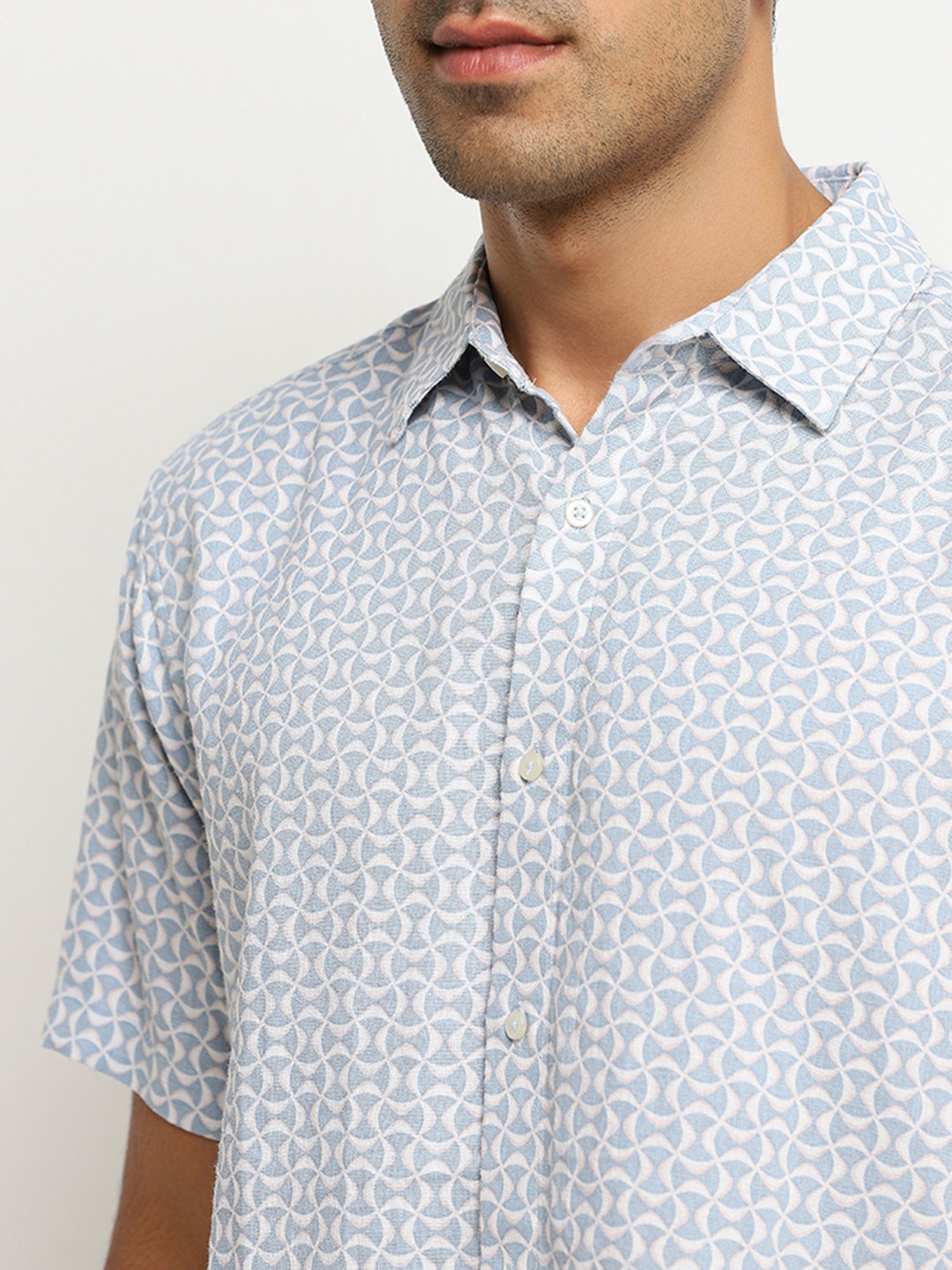 Ascot by Westside Blue Geometric Print Relaxed-Fit Blended Linen Shirt