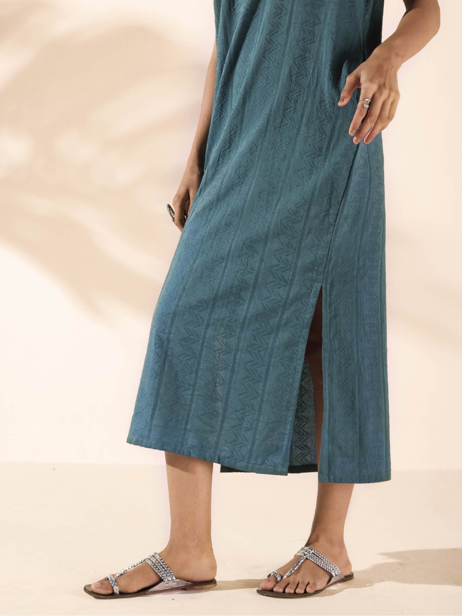 true Browns Grey Cotton Self Pattern A-Line Dress