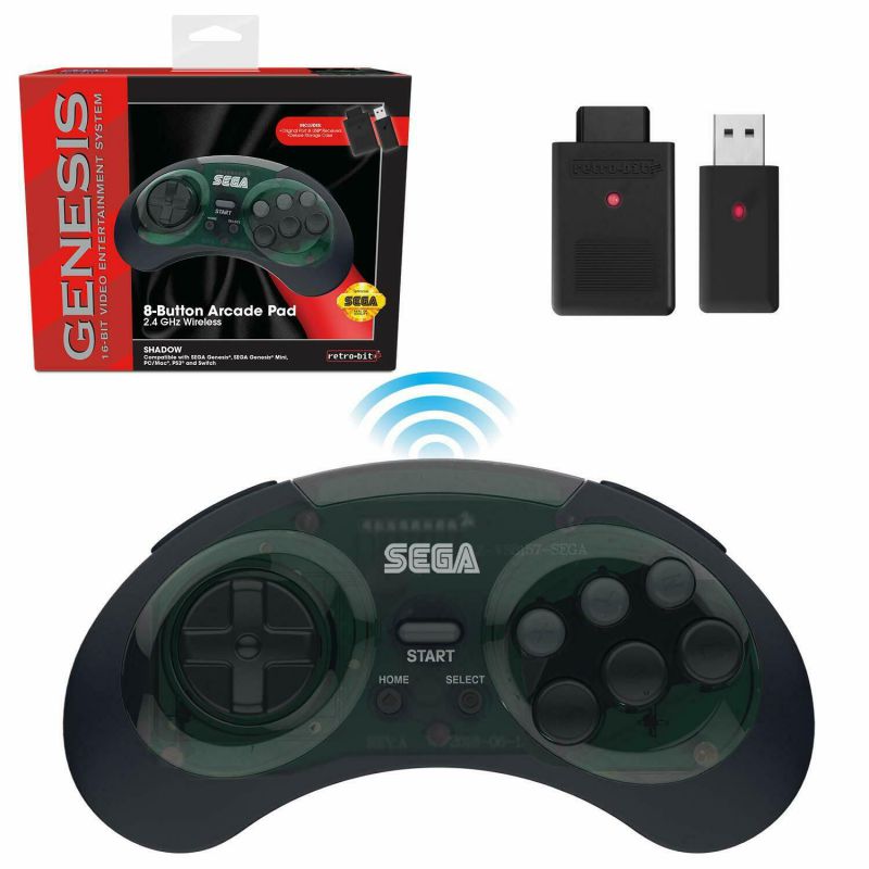 Retro-Bit Sega Genesis 2.4 GHz Wireless Controller 8-Button Arcade Pad for Sega Genesis Original/Mini, Nintendo Switch, PC, Mac &ndash; Includes 2 Receivers & Storage Case - Shadow