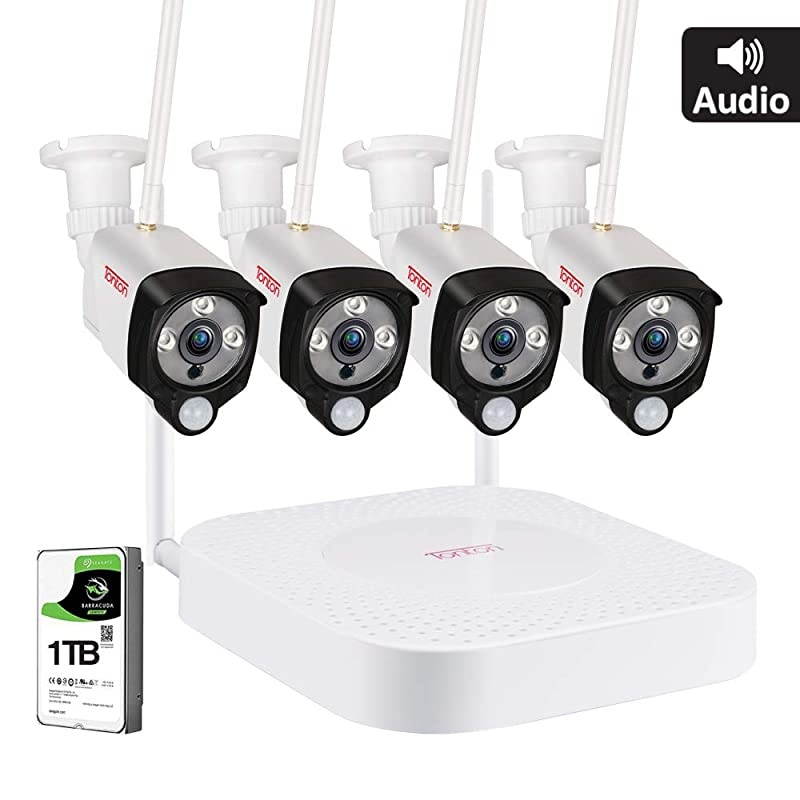 Audio Record]  1080P Home Security Camera System Wireless,4CH Full HD 1080P Network WiFi NVR with 1TB HDD and 4PCS 2MP Outdoor Bullet IP Cameras,Motion Alerts with Snapshot,True Plug and Play