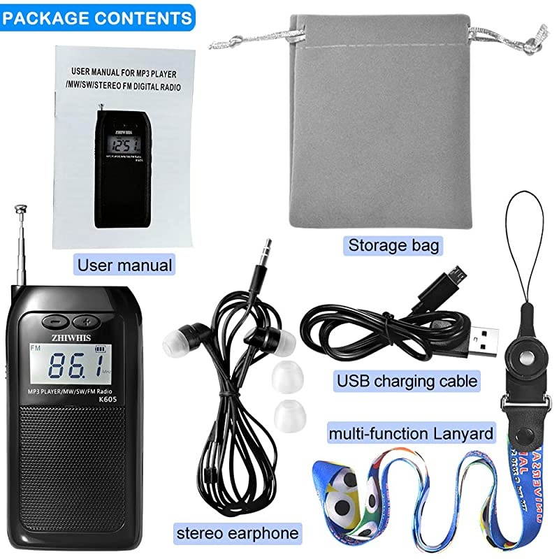 Portable RadioFM AM SW Transistor Radio Stereo LCD Digital Display Pocket Walkmen Radio MP3 WAV Player Support TF Card Rechargeable with Shutdown Memory