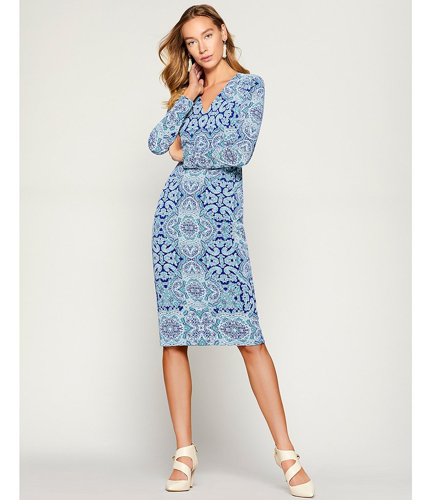 Maggy London Petite Size Long Sleeve V-Neck Printed Sheath Dress