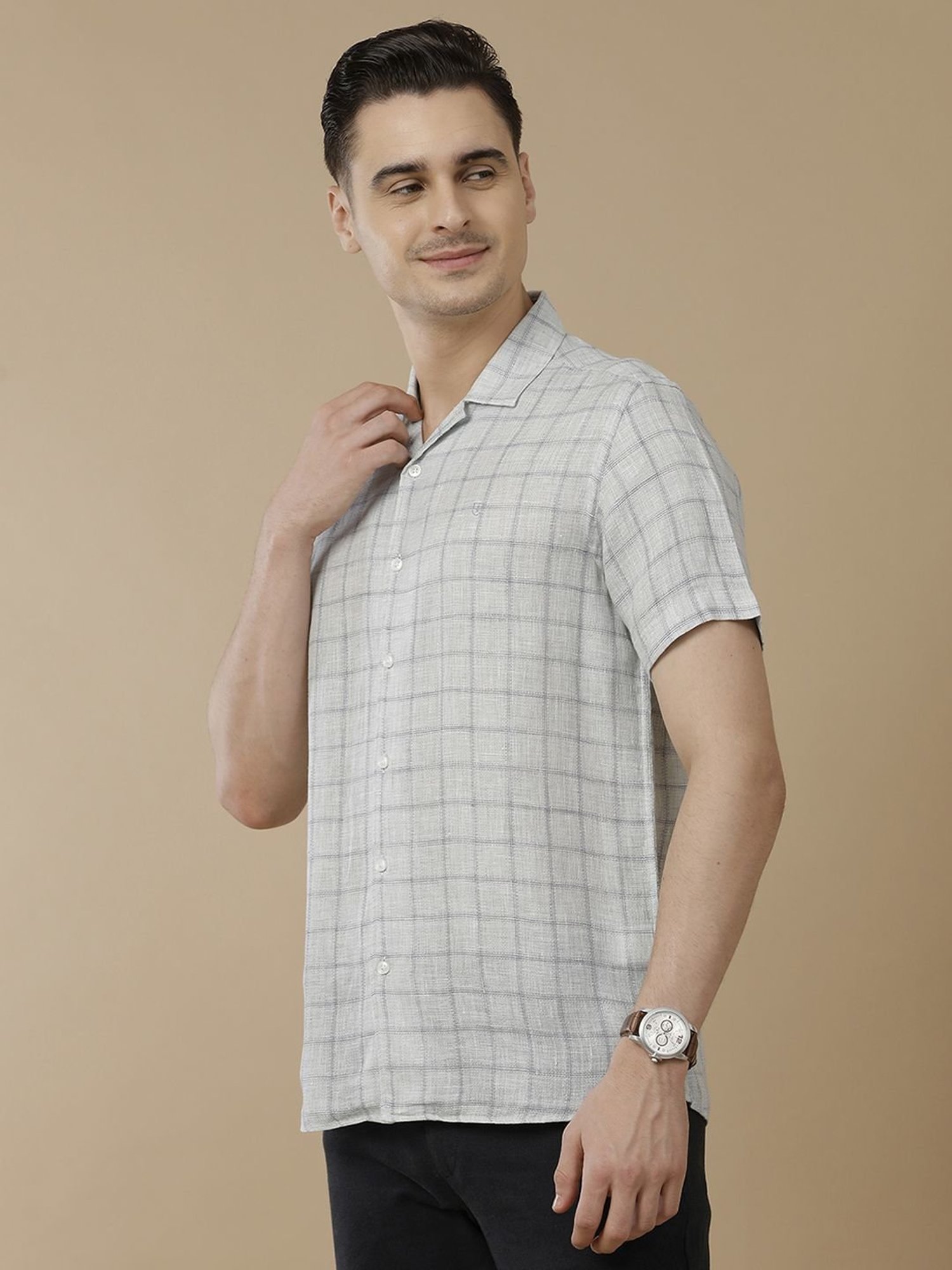 Linen Club Grey Linen Contemporary Fit Checks Shirt