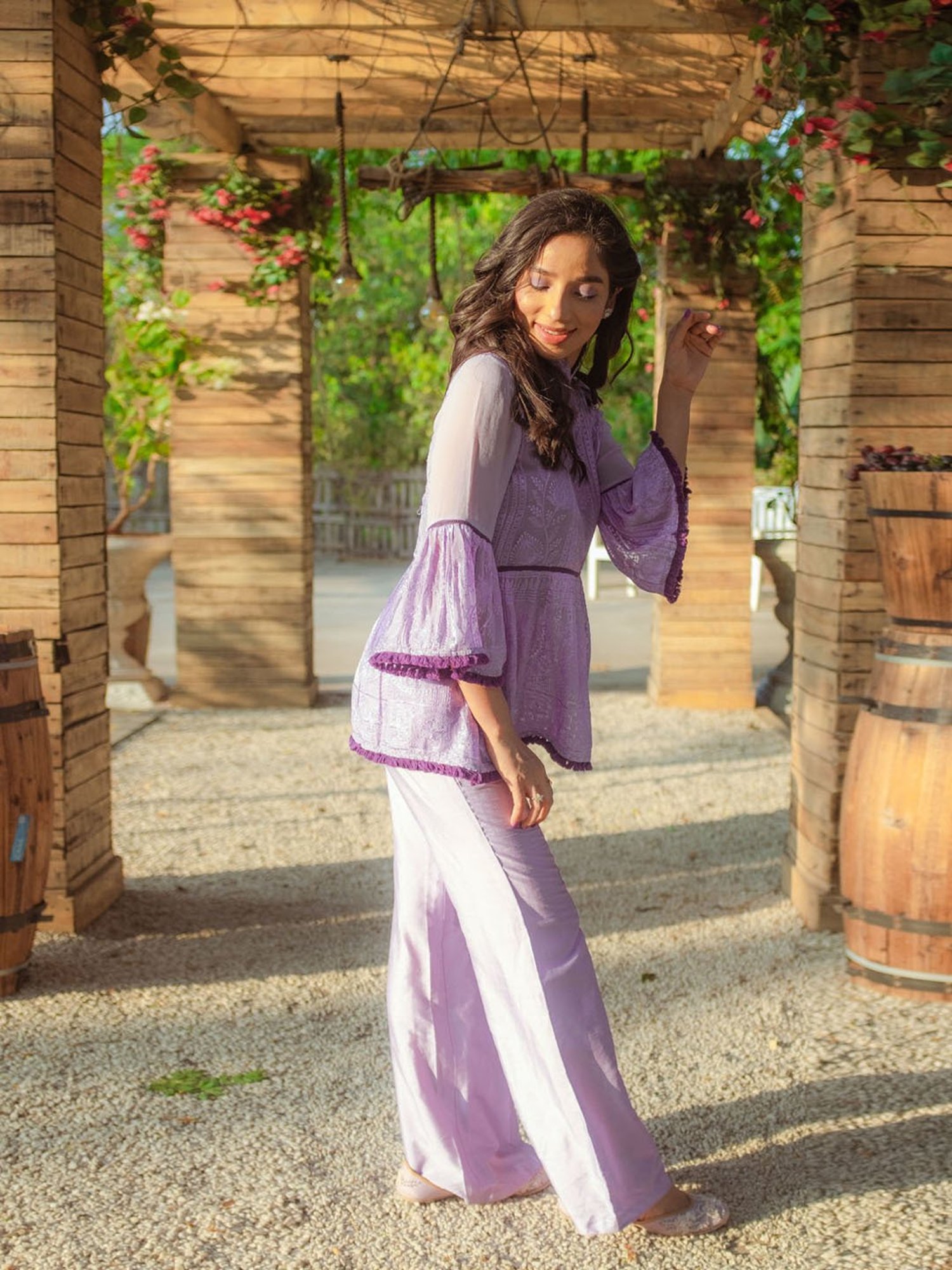 Monk and Mei Nazm Flared Chikankari Top & Pants- Veryperi Violet