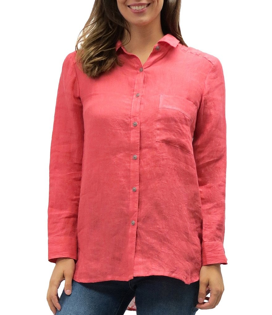 Karyn Seo Long Sleeve Coral Button Front & Floral Print Back Linen Blend Shirt