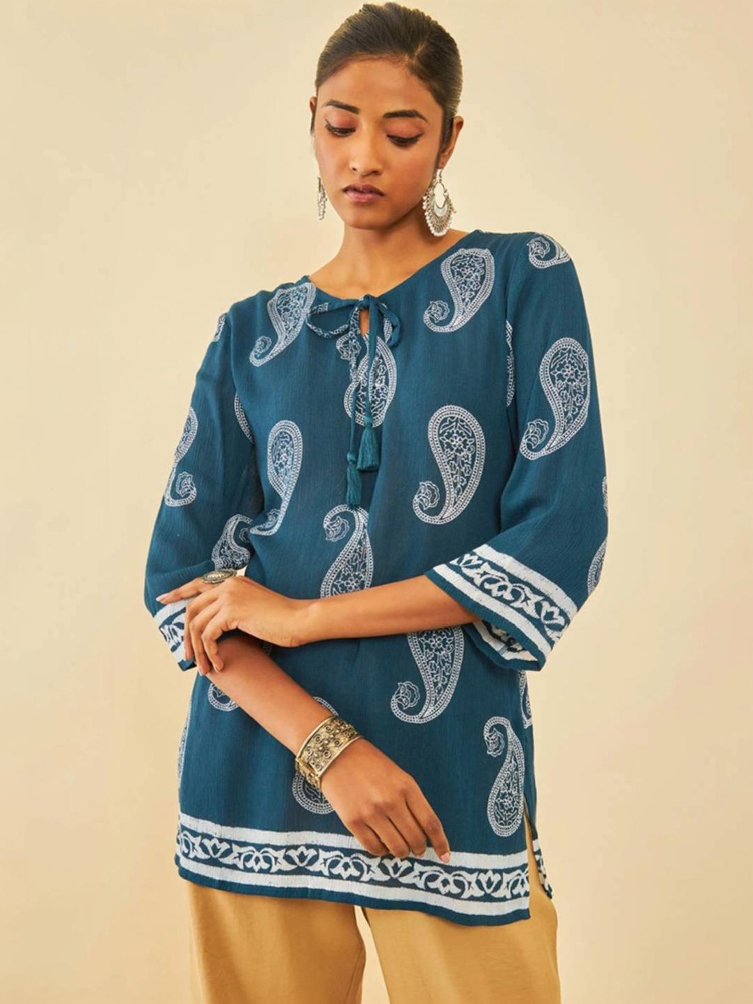 Soch Blue Crepe Paisley Printed Tunic With Tassels