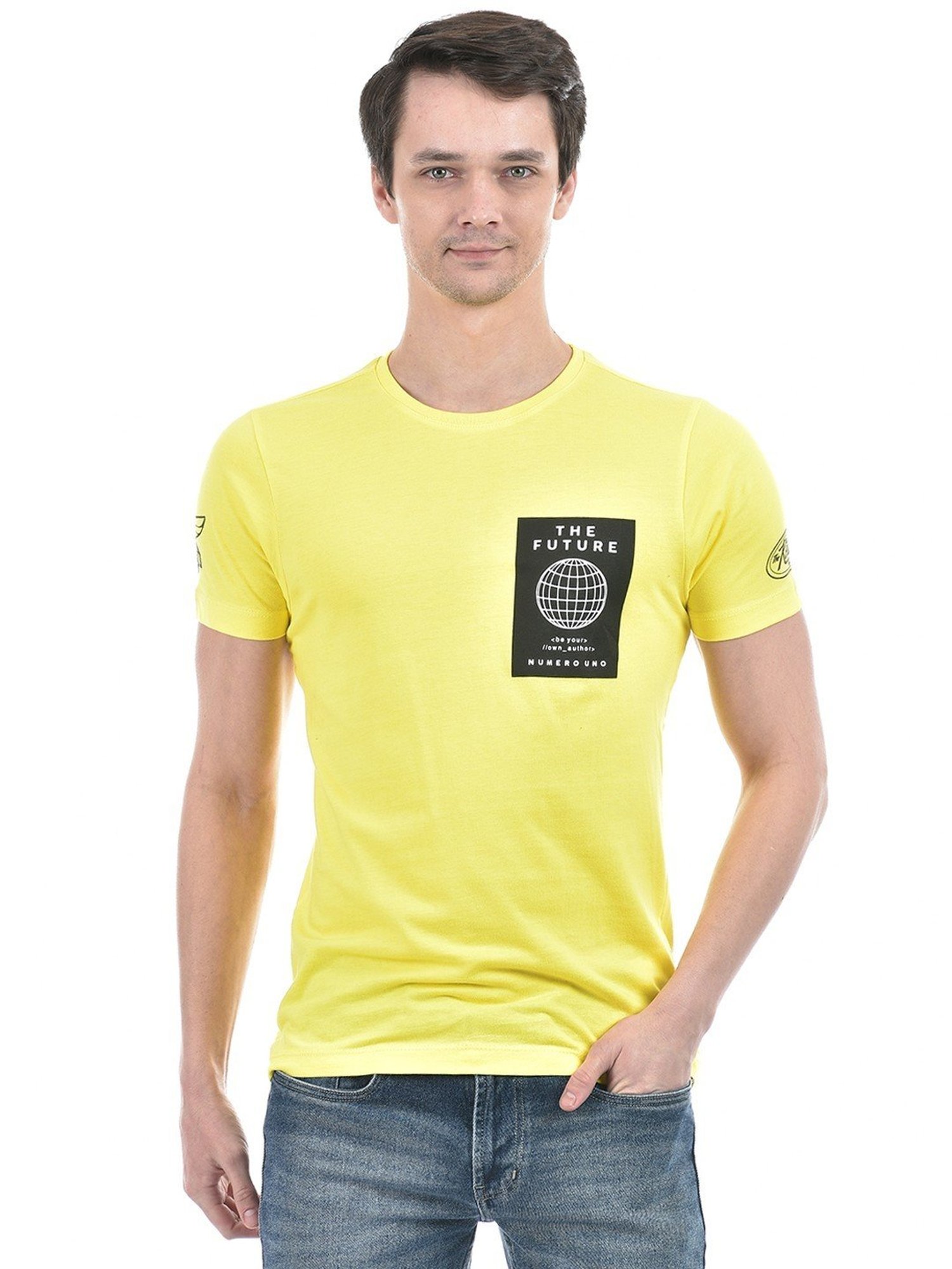 Numero Uno Acid Yellow Cotton Slim Fit Printed T-Shirt