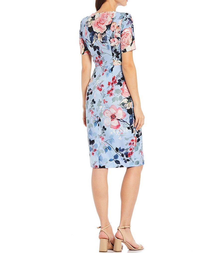 Adrianna Papell Floral Printed Split V-Neck Tie Front Sheath Dress