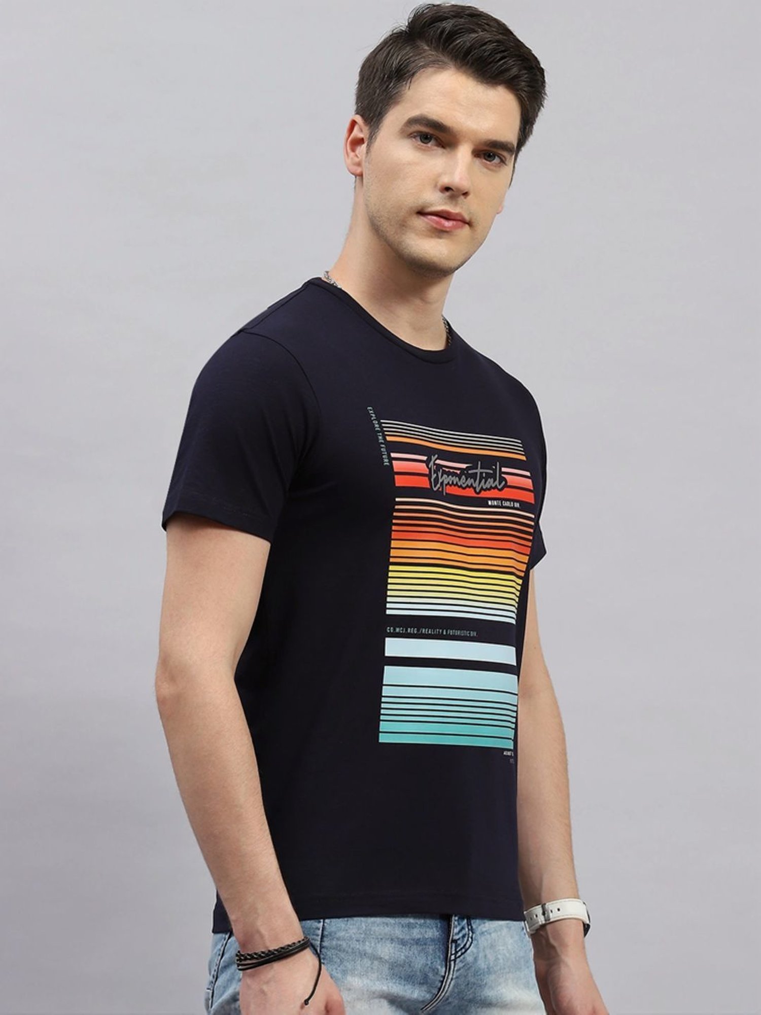 Monte Carlo Navy Blue Regular Fit Printed T-Shirt