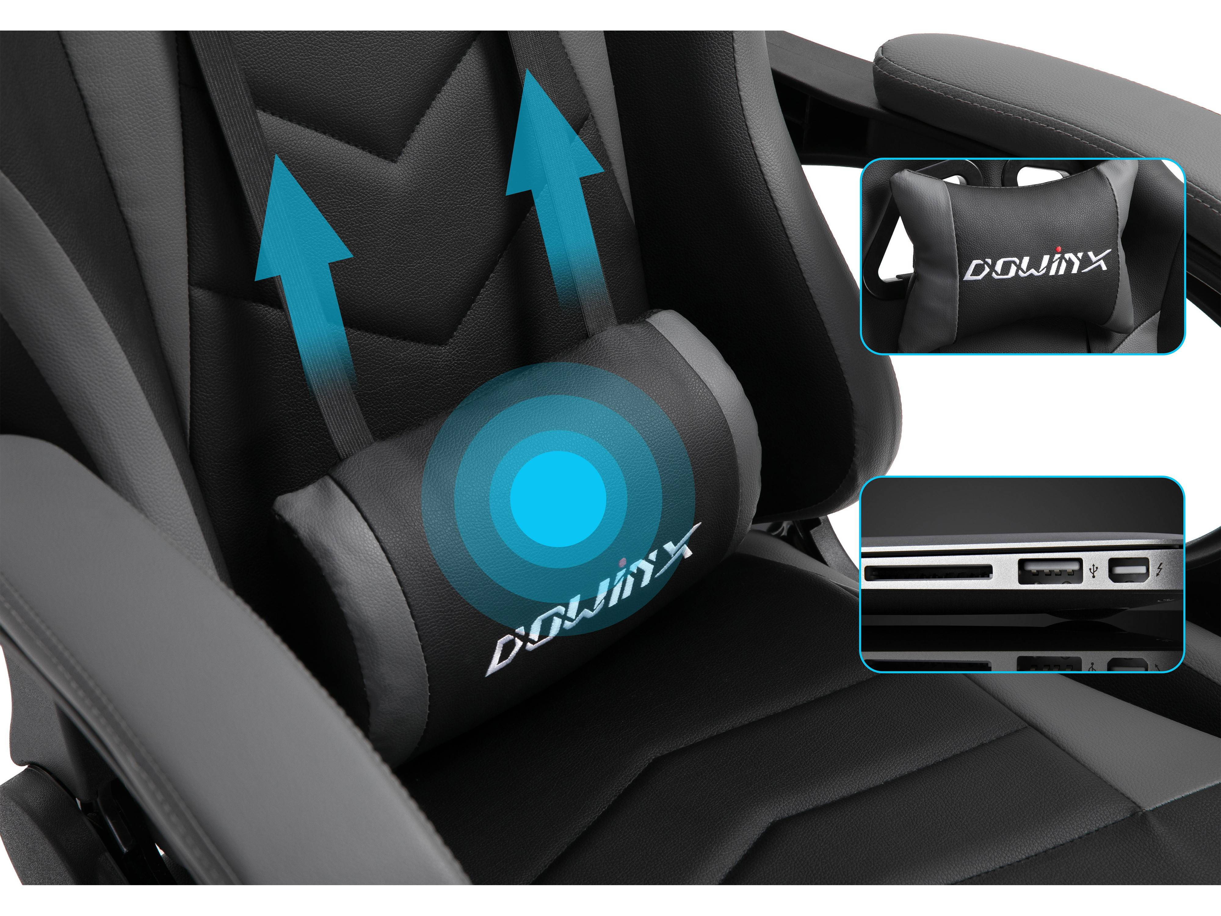 Dowinx Gaming Chair Ergonomic Office Recliner for Computer with Massage Lumbar Support, Racing Style Armchair PU Leather E-Sports Gamer Chairs with Retractable Footrest (Black&Gray)