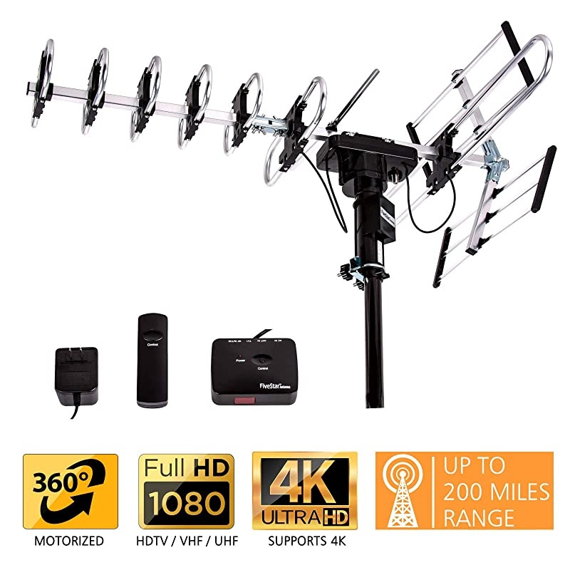 Newest 2020] Outdoor Digital Amplified HDTV Antenna - up to 200 Mile Long Range, Directional 360 Degree Rotation by Remote Control, HD 4K 1080P FM Radio,Support 5 TVs Plus Installation Kit