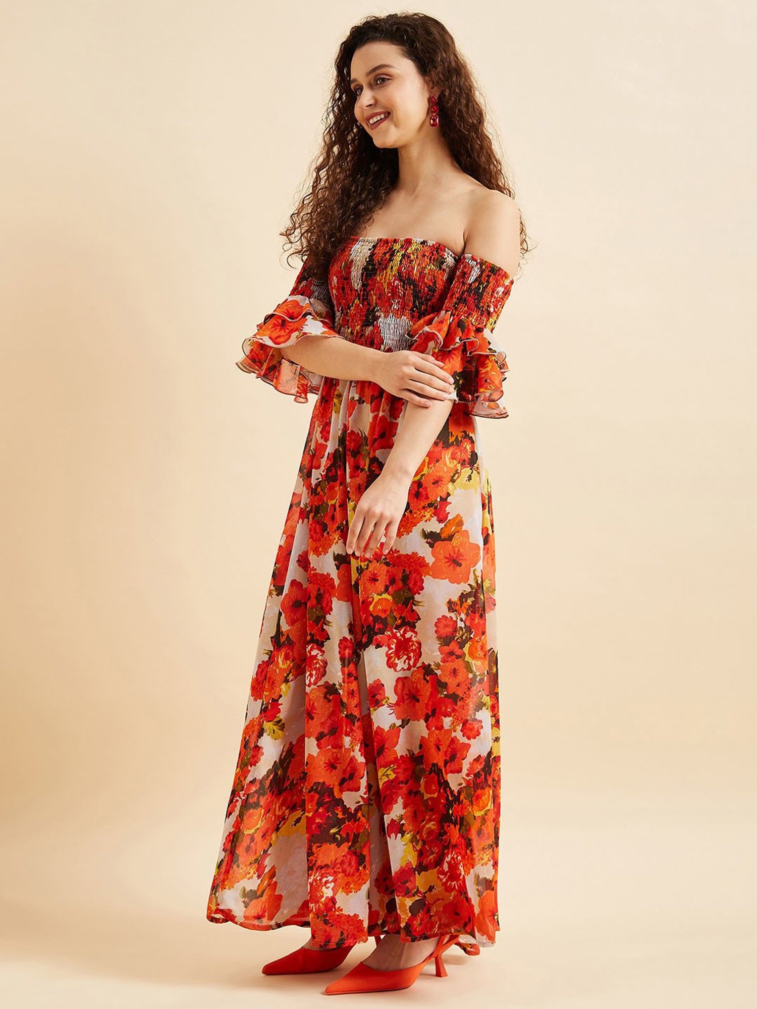 PANIT Orange Floral Print Ethnic Dress