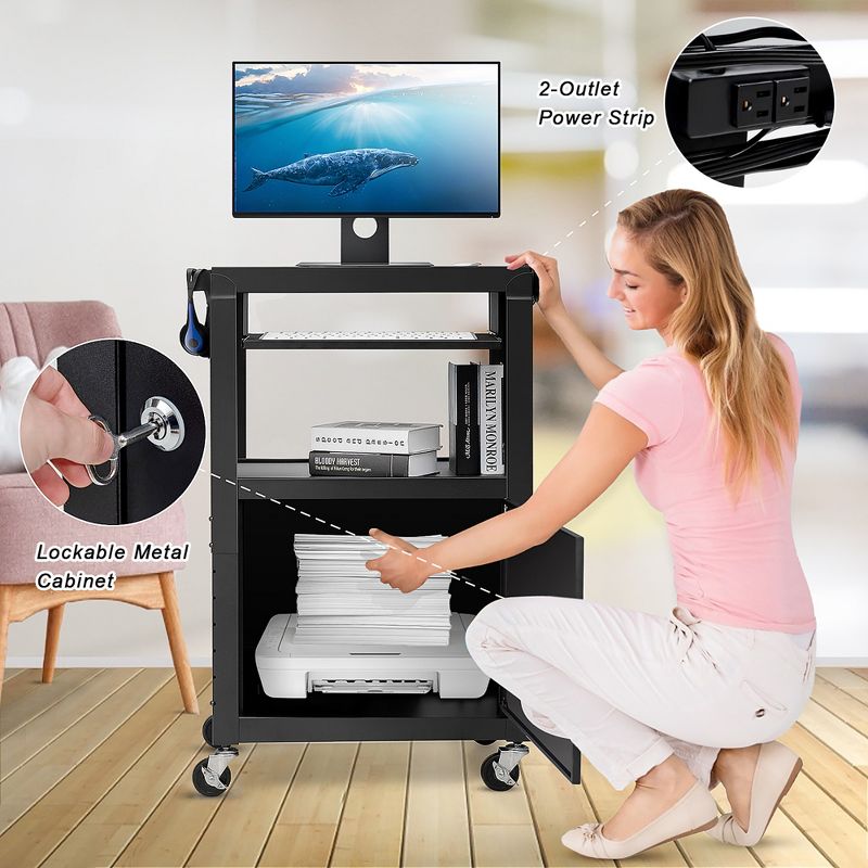 Costway Mobile Steel AV Presentation Cart Adjustable Height w/ Locked Cabinet & Keyboard