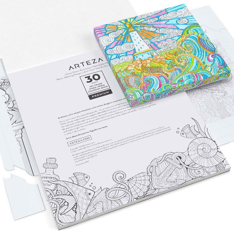Arteza Premium Expert Ocean Coloring Set - 30 DIY Frame Sheets, 72 Colored Pencils, Set for Adults Kids Artists (ARTZ-3868)