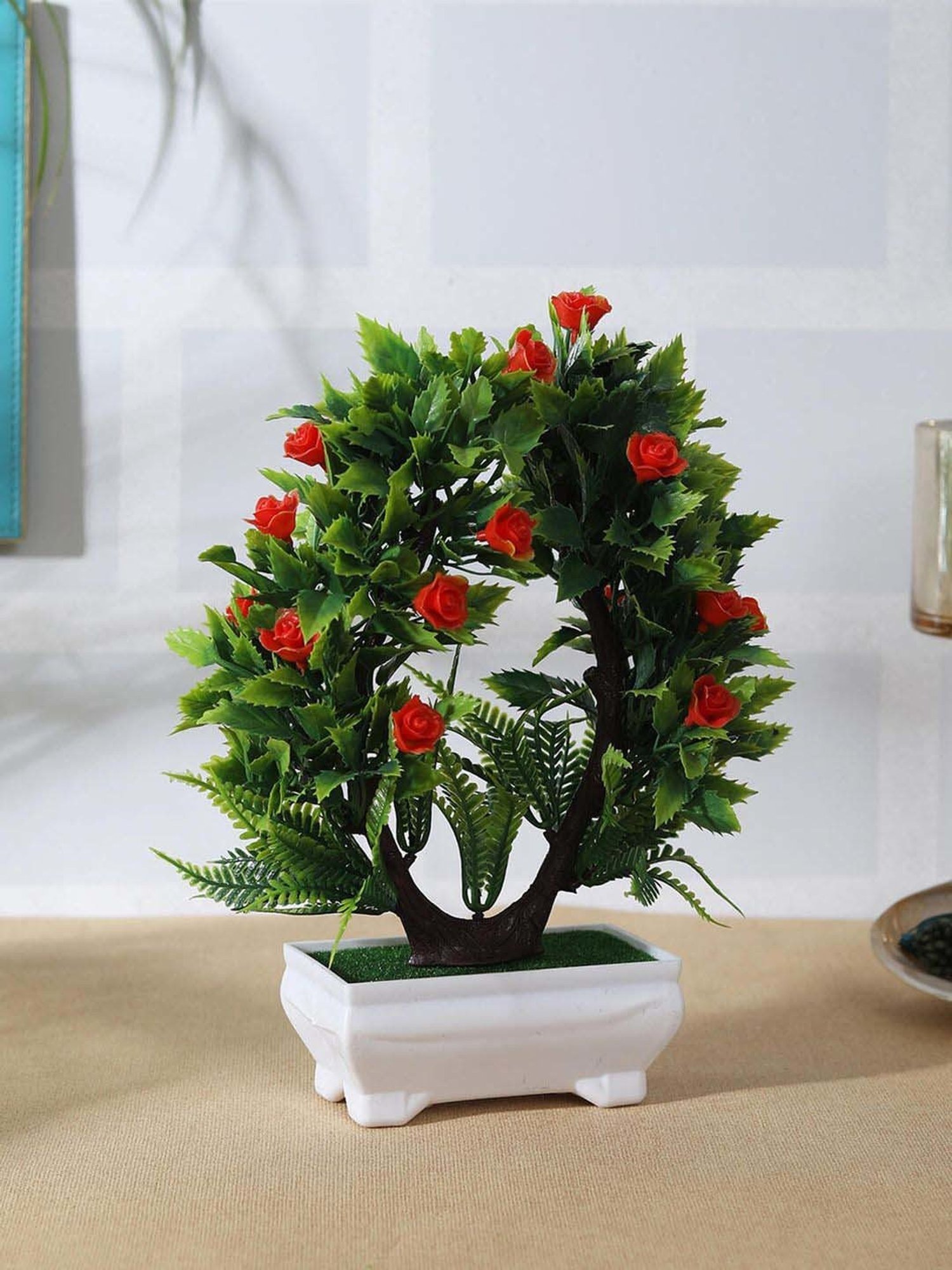 Foliyaj Multicolor Plastic Artificial U Shaped Bonsai Tree With Leaves And Roses