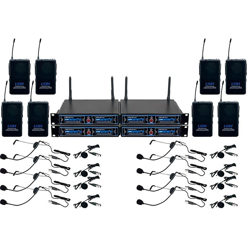 UDHPLAY8 EIGHT CHANNEL UHF Headset & Label Wireless Microphone Package with Mic-on-chip technology