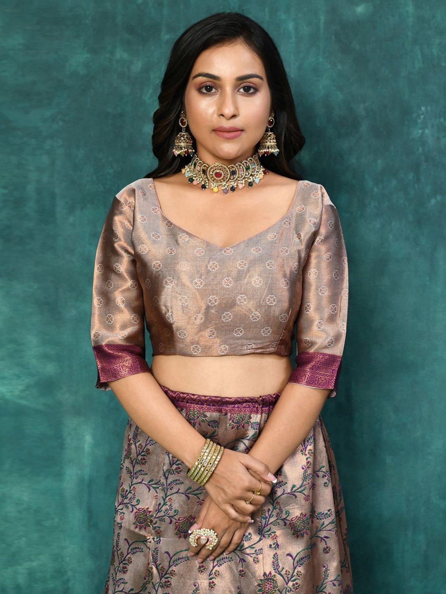 Silk Land Beige & Blue Woven Pattern Semi Stitched Lehenga Choli Set With Duppata