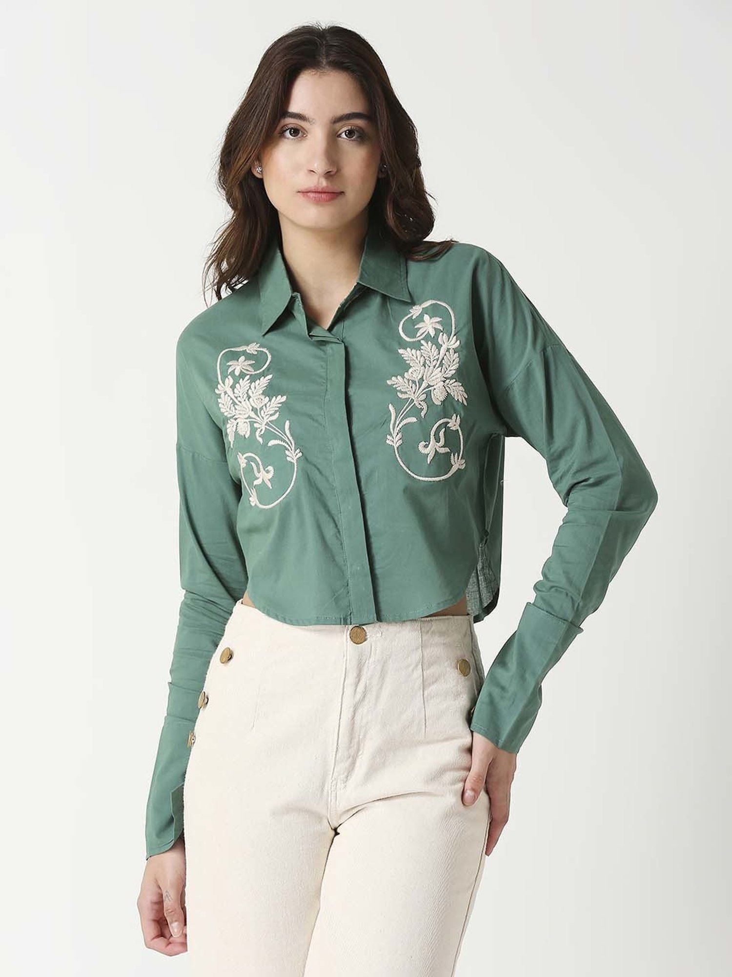 Remanika Green Cotton Embroidered Shirt