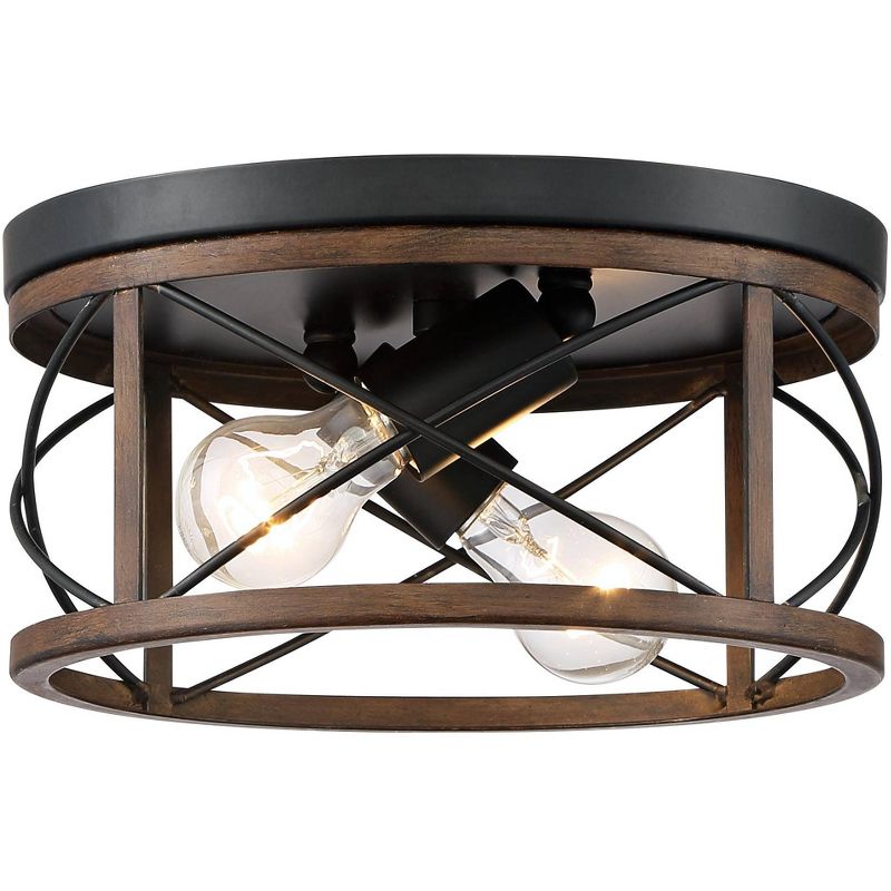 John Timberland Ravi 11 1/4" Wide Black and Wood Grain 2-Light Ceiling Light