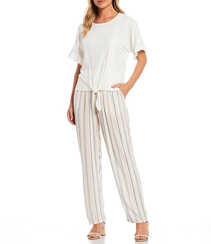 I.N. Studio Pucker Knit Crochet Trim Dolman Ruffle Sleeve Tie-Front Top