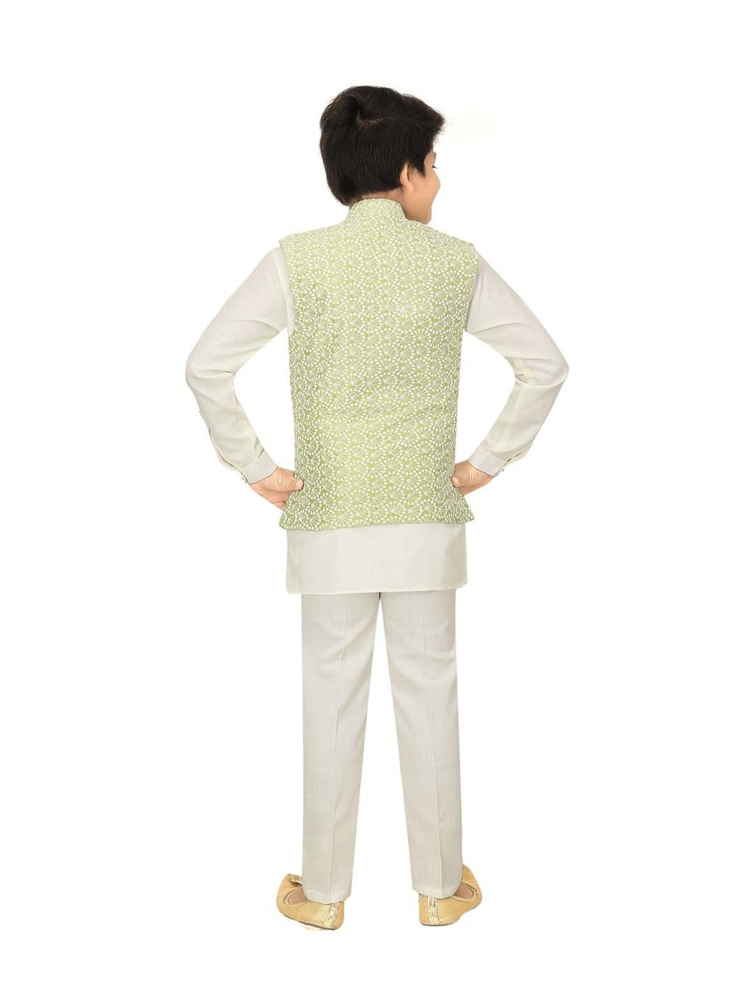 Ahhaaaa Kids Green & White Cotton Embroidered Full Sleeves Kurta Set