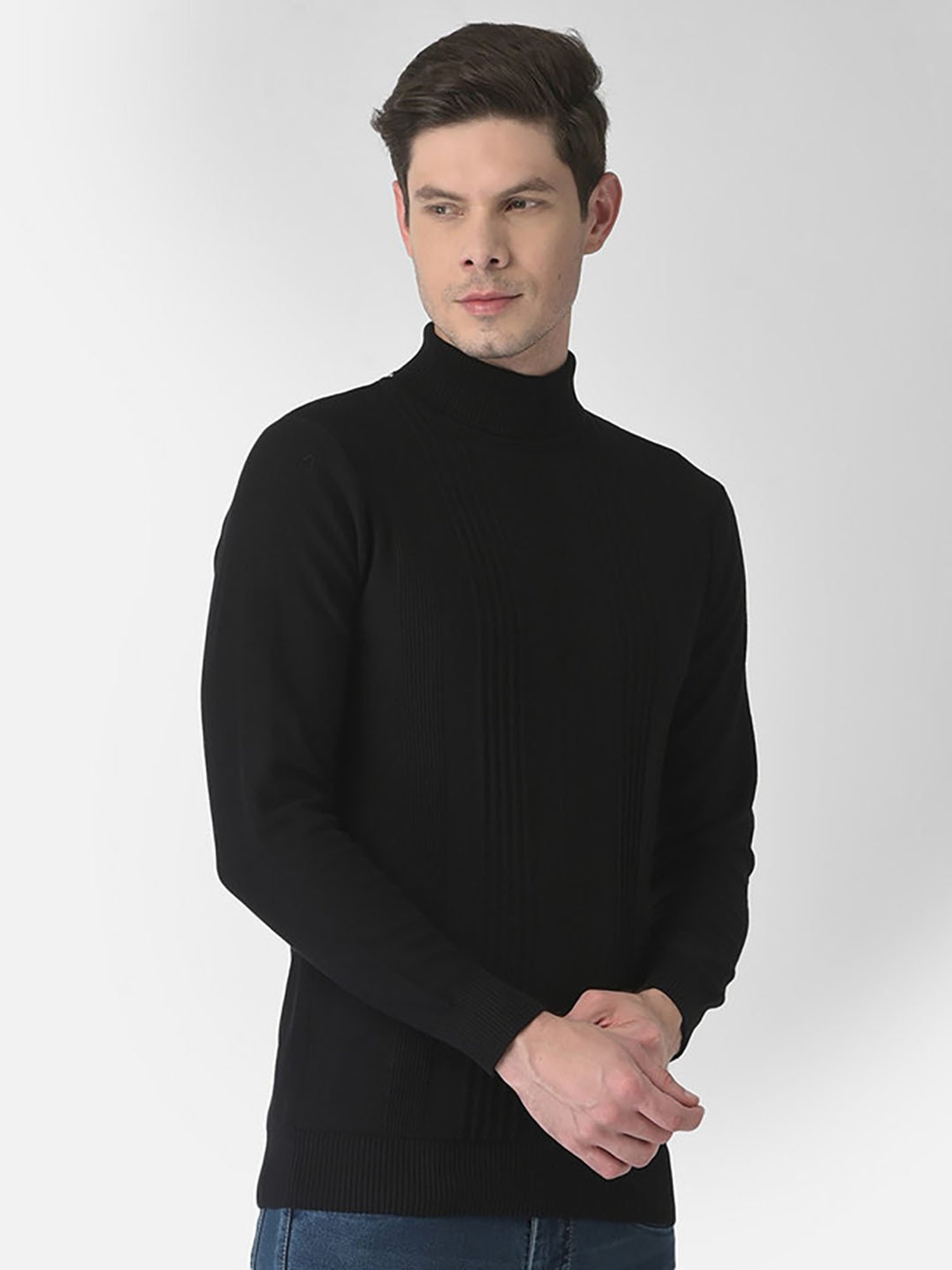 Turtle Black Cotton Regular Fit Self Desgin Sweater