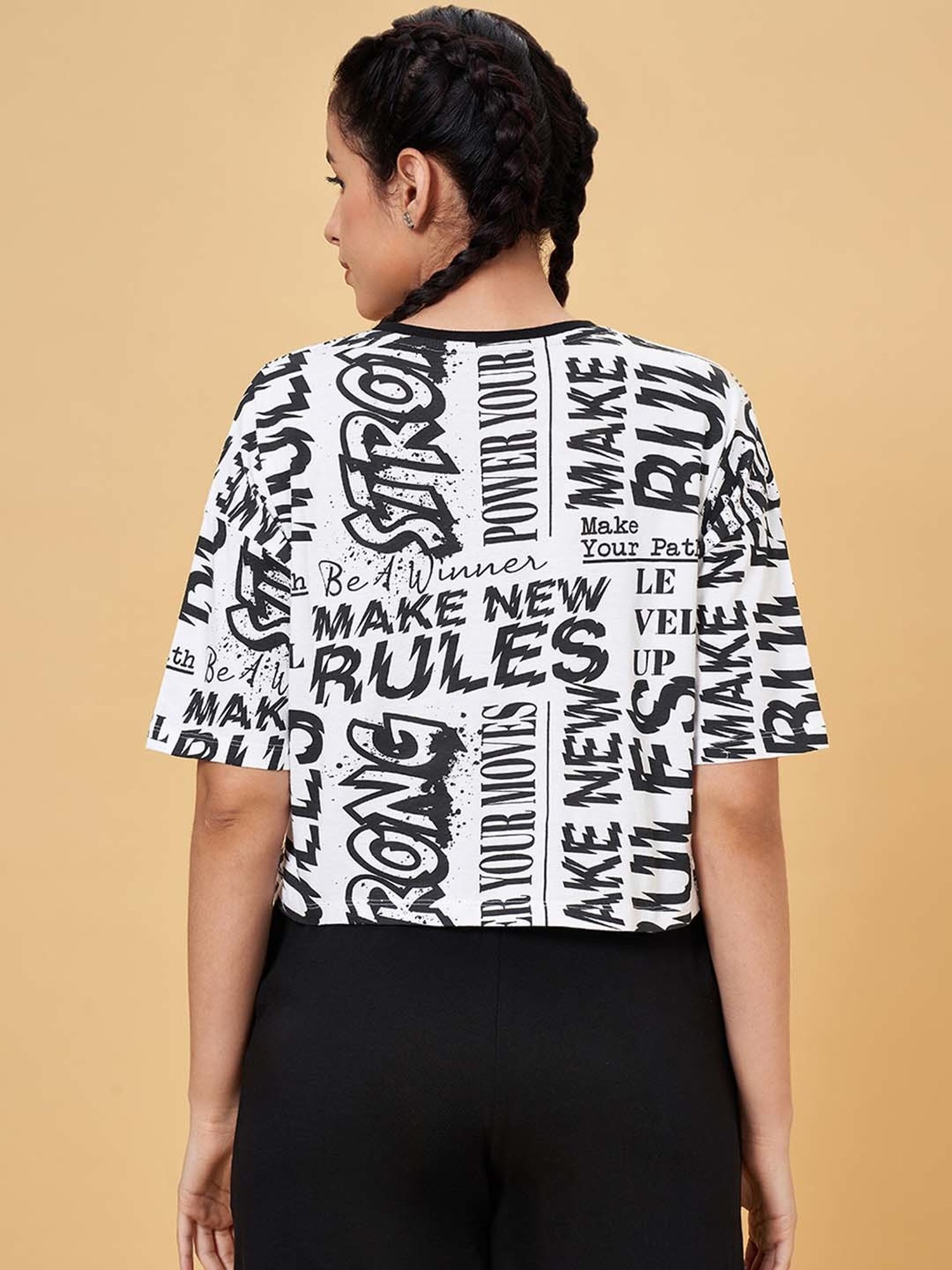 Ajile by Pantaloons White & Black Cotton Printed Sports T-Shirt