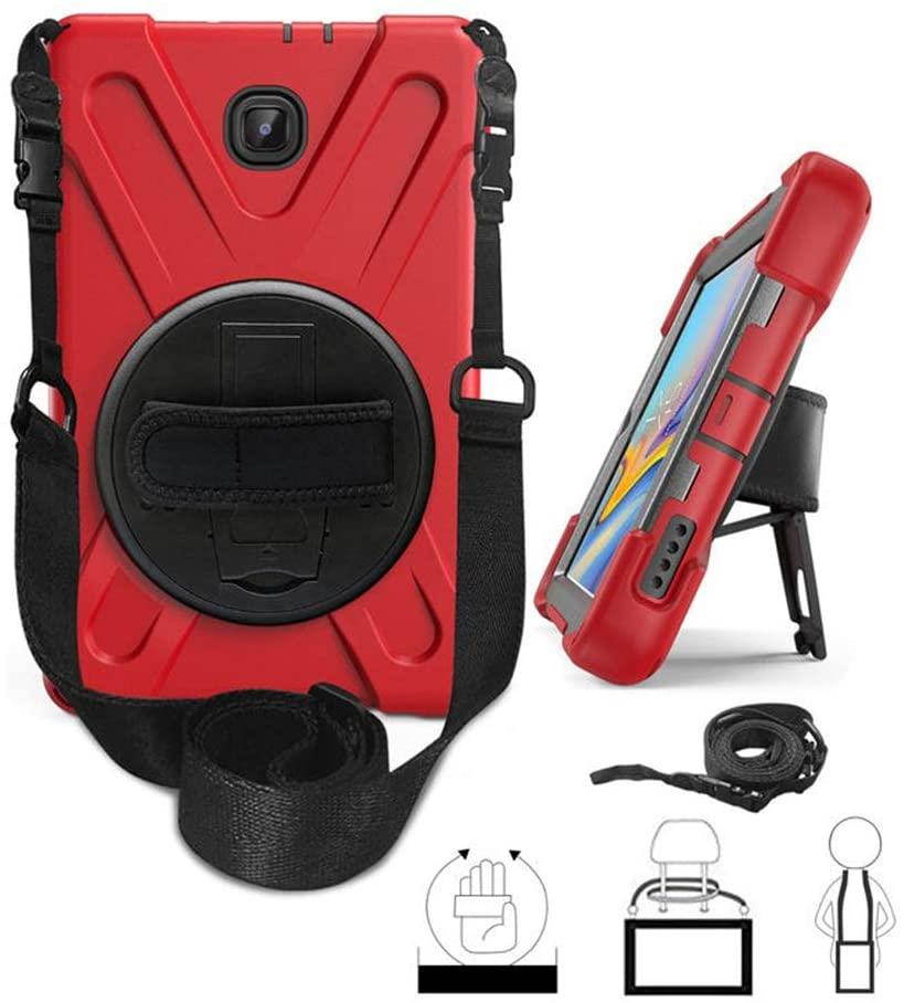 Galaxy Tab A 8.0 T387 Case, KIQ Heavy Duty Case Tempered Glass Screen Protector Cover Kickstand Handle Carrying Sling Strap for Samsung Galaxy Tab A 8.0 2018/2019 LTE SM-T387 (Red)