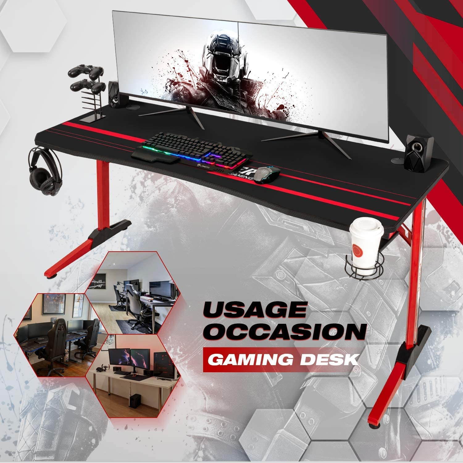 Devoko 55 Inch Gaming Desk T-Shaped PC Computer Table with Free Mouse Pad Carbon Fibre Surface Home Office Desk Gamer Table with Game Handle Rack Headphone Hook and Cup Holder (Black)