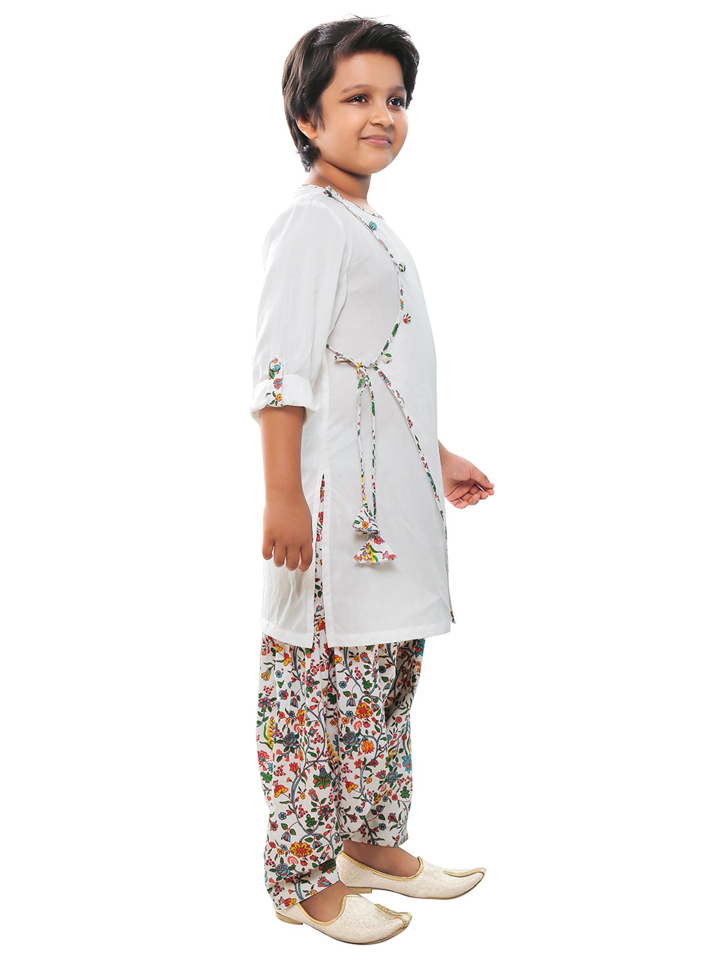 Nino Bambino Kids White Printed Full Sleeves Angrakha Kurta with Salwar