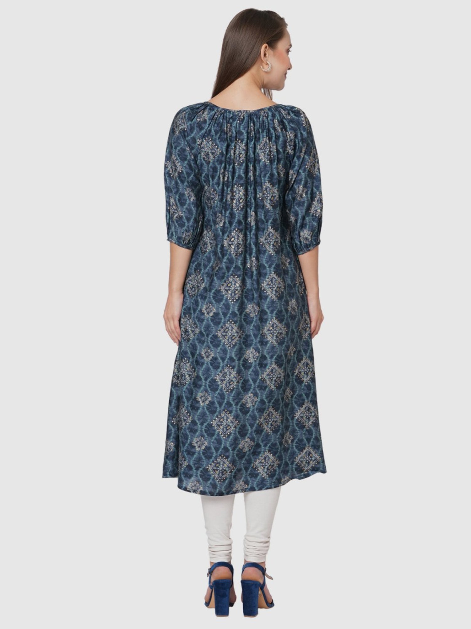 Fusion Beats Blue Printed A Line Kurta