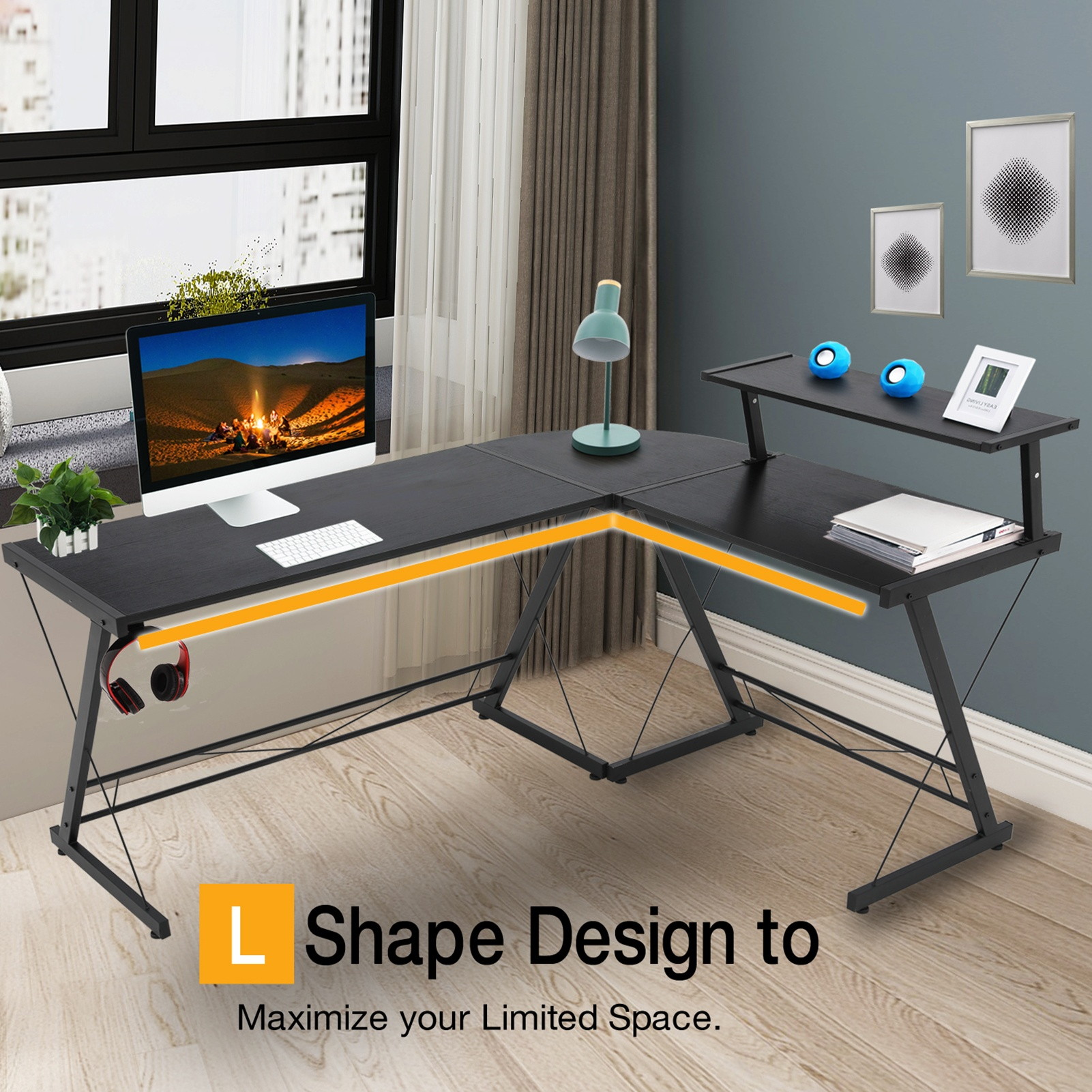 Gome L-Shaped Computer Desk - 61" Larger Corner Desk for Space Saving, Modern Home Office Writing Desk for Work, Study and Gaming, Ergonomic Wood Desk with Monitor Stand(Black)